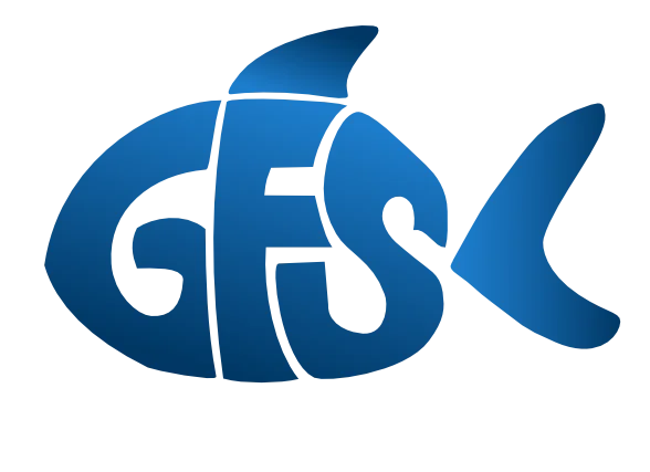 The Get Fish Slapped Logo Icon shows the three letters "GFS" taking the shape of the body of a gold fish with a fin above the "F" and the tail at the end of the "S". All these items are a subtle gradient that goes from dark blue to medium blue.